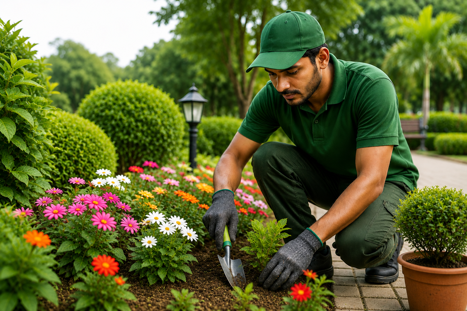 Professional garden worker planting flowers and maintaining a beautiful garden in Assam.