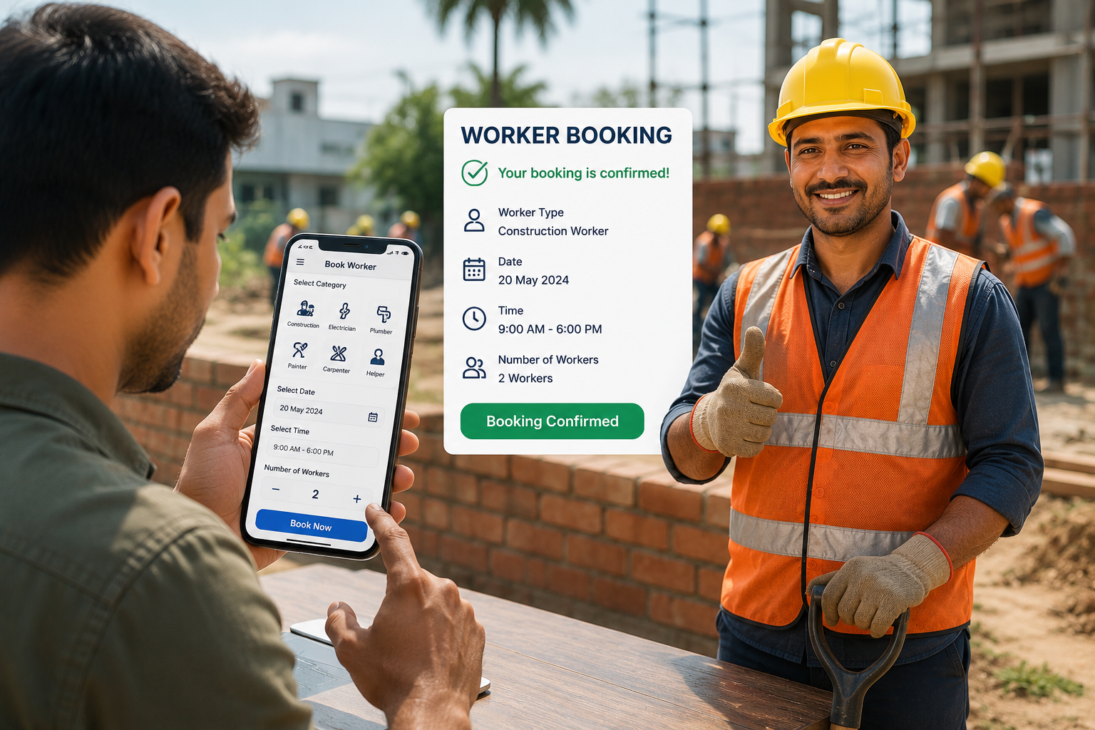 Customer booking a verified construction worker online through the Mazdoor Mitra platform in Assam.